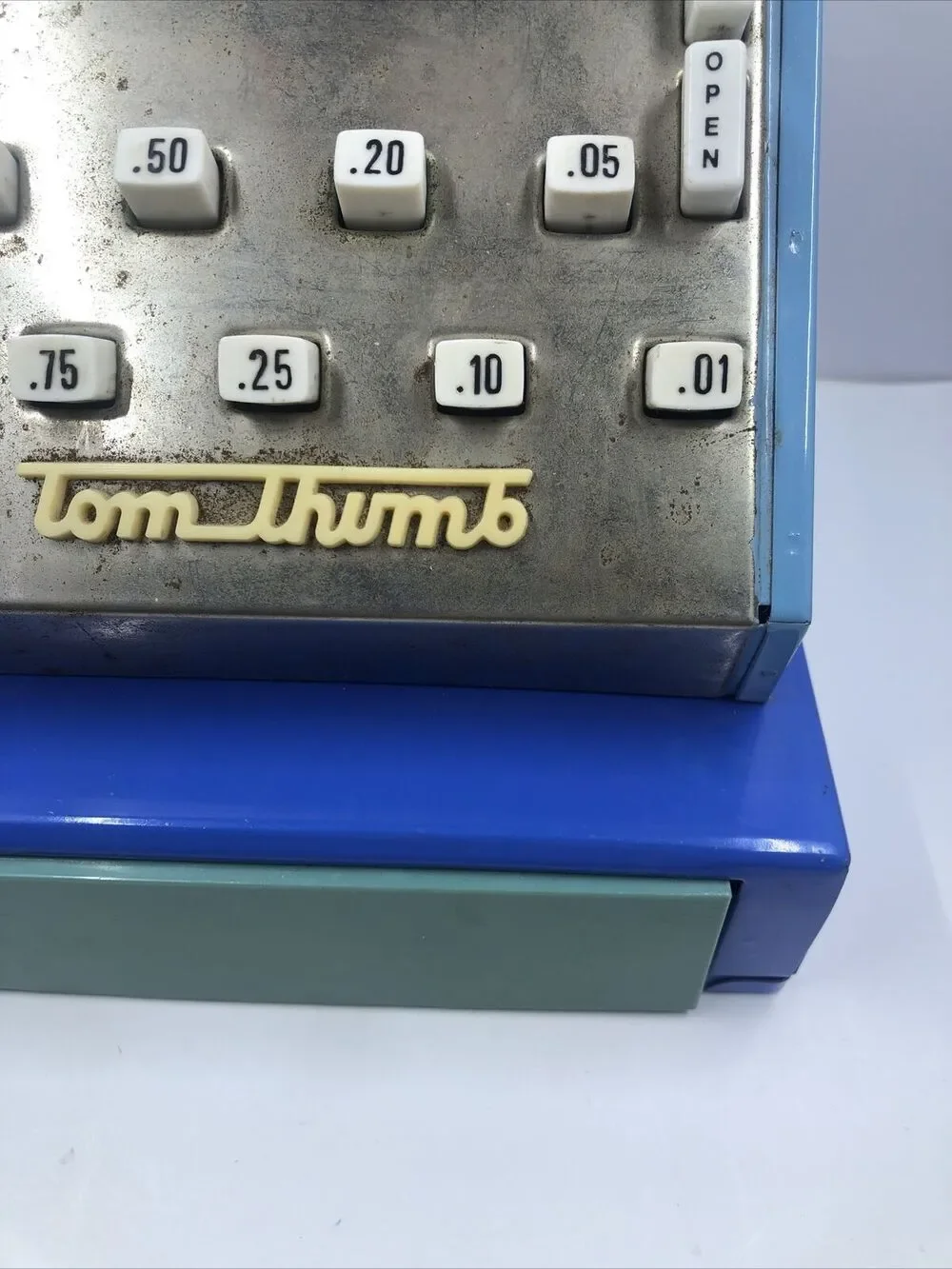 Vintage Blue Tom Thumb Toy Cash Register  Made in England- Works. US Pat￼￼